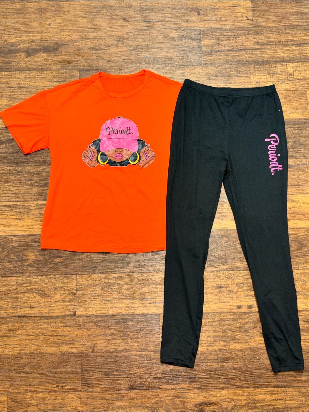 SHEIN Orange Graphic Tee & Black Leggings Set with Pink Accents